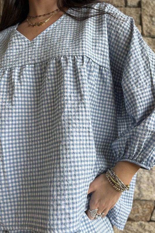 Arbi Gingham Peasant Smock Blouse Denim